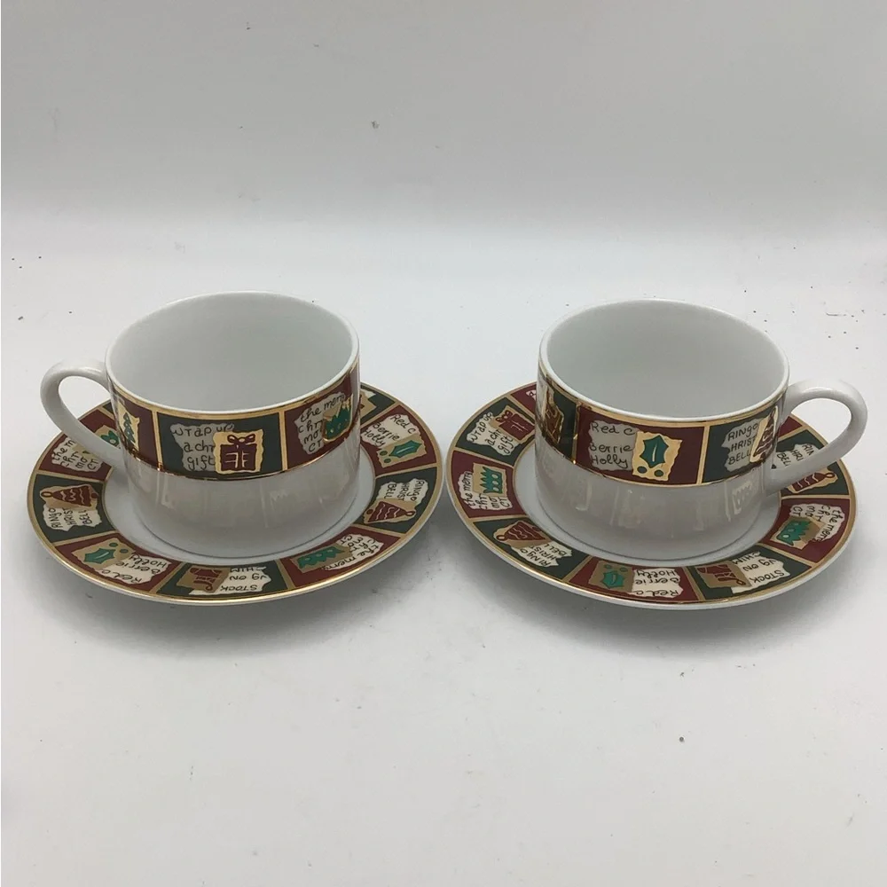 Two Pier 1 Yuletide Greetings Cup and Saucer Sets